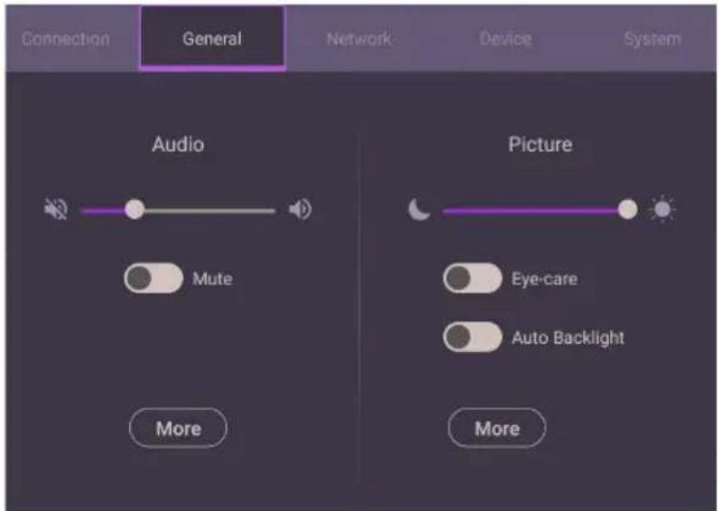 Connection General Network Device System Audio Picture Mute Eye-care Auto Backlight More More