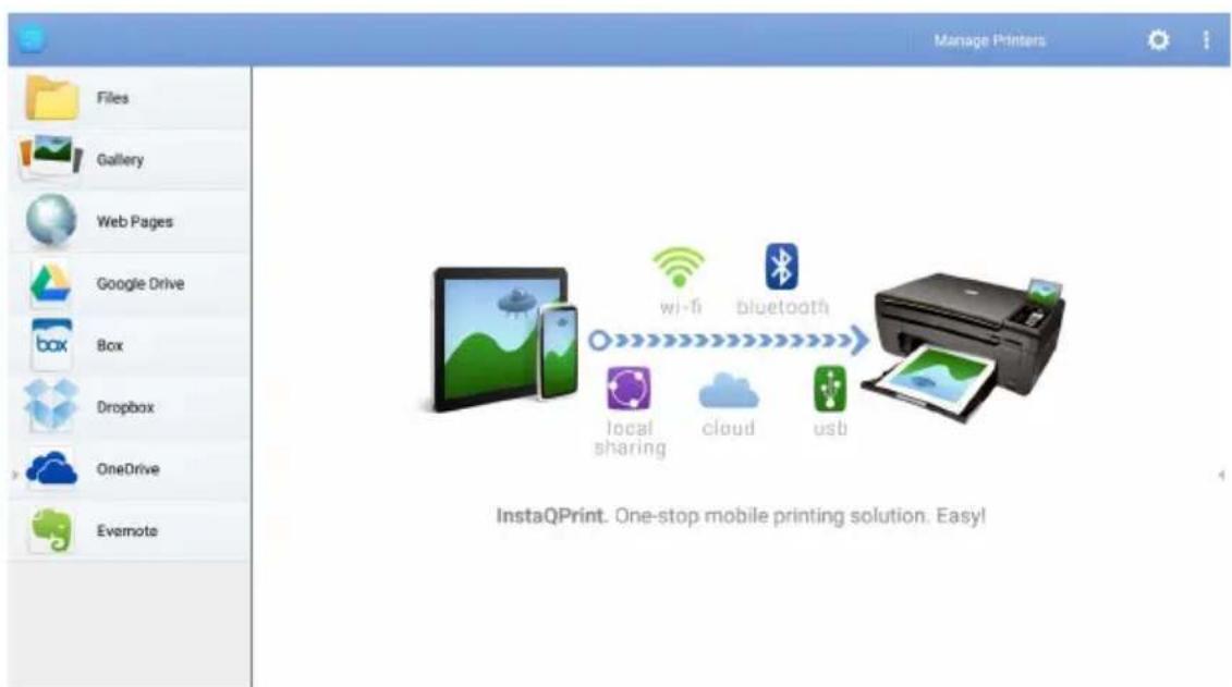 Manage Printers Files Gallery Web Pages Google Drive Box Dropbox OneDrive Evernote InstaQPrint. One-stop mobile printing solution. Easy!