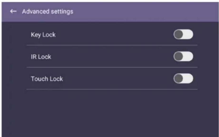Advanced settings Key Lock IR Lock Touch Lock