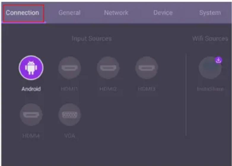Connection General Network Device System Input Sources Android HDMI1 HDMI2 HDMI3 WiFi Sources HDMI4 VGA