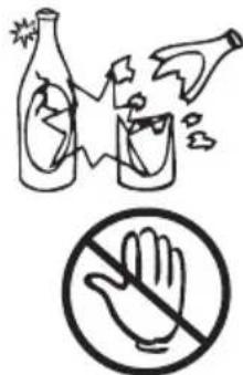 Safety warning illustration showing a bottle emitting vapor and a hand holding a prohibition sign.