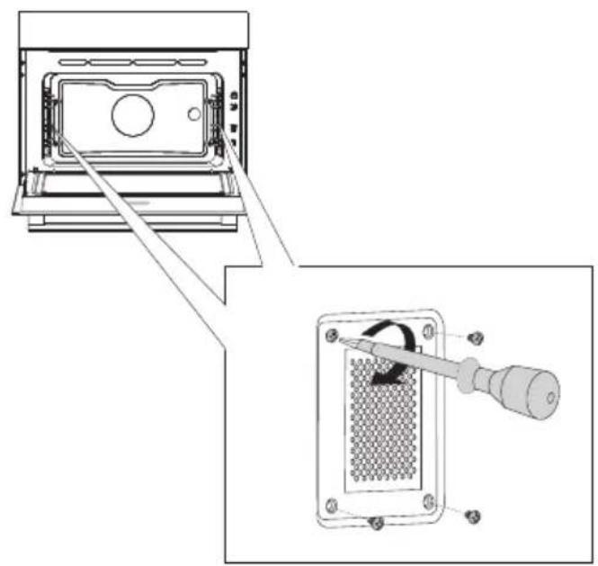Technical diagram showing installation of a microwave oven with a screwdriver inserted into a grid-patterned device.