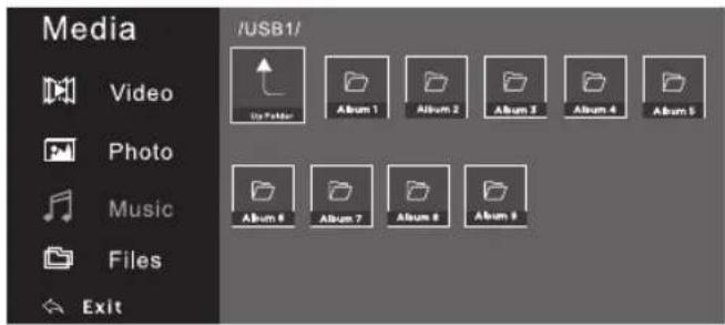 Media Video Photo Music Files Exit /USB1/ Ex Audio Album 1 Album 2 Album 3 Album 4 Album 5 Album 6 Album 7 Album 8 Album 9