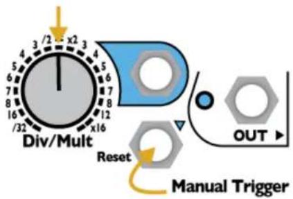 4ms Quad Clock Distributor - Plug external CV into the red Div/Mult CV jack. - 1
