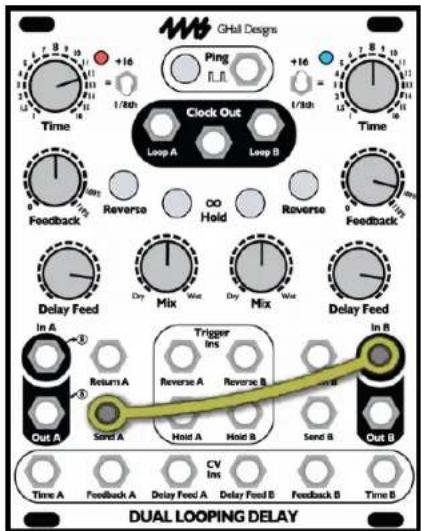 GHall Designs +16 Ping 1/8th Clock Out Loop A Loop B Time Feedback Reverse OO Hold Reverse Feedback Delay Feed Dry Mix Wet Dry Mix Delay Feed In A Return A Trigger Ins Reverse A Reverse B In B Out A Sand A Hold A Hold B Send B Out B Dual Looping Delay
