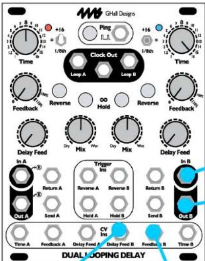 GHall Designs +16 Ping I/L +16 I/8th Clock Out Loop A Loop B Time Feedback Reverse OO Hold Reverse Time Feedback Delay Feed Dry Mix Wuc Dry Mix Wuc Delay Feed In A Return A Trigger Ins Reverse A Reverse B Return B Out A Send A Hold A Hold B Send B Out B CV Ins Delay Feed A Delay Feed B Feedback : B Time A Feedback A Delay Feed A Delay Feed B Feedback : B Time B DUAL LOOPING DELAY