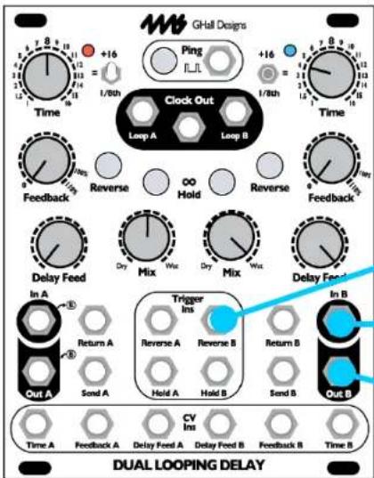 GHall Designs Ping IL1 +16 1/8th Time Clock Out Loop A Loop B Time Feedback Reverse ∞ Hold Reverse Feedback Delay Feed Dry Mix Dry Mix Delay Feed In A Return A Trigger Ins Return B In B Out A Send A Reverse A Reverse B Hold A Hold B Send B Out B Dual Looping Delay