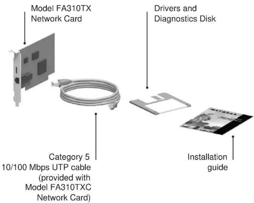Model FA310TX Network Card Drivers and Diagnostics Disk Category 5 10/100 Mbps UTP cable (provided with Model FA310TXC Network Card) NET10TX Installation guide