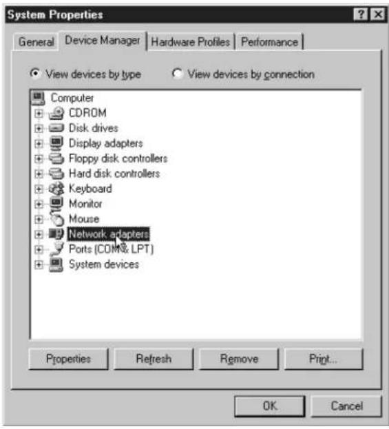 System Properties General Device Manager Hardware Profiles Performance View devices by type View devices by connection Computer CDROM Disk drives Display adapters Floppy disk controllers Hard disk controllers Keyboard Monitor Mouse Network adapters Ports (COM®, LPT) System devices Properties Refresh Remove Print... OK Cancel