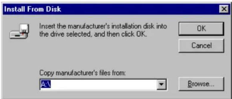 Install From Disk Insert the manufacturer's installation disk into the drive selected, and then click OK. OK Cancel Copy manufacturer's files from: A:\ Browse...