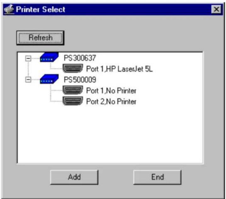 Printer Select Refresh PS300637 Port 1,HP LaserJet 5L PS500009 Port 1,No Printer Port 2,No Printer Add End