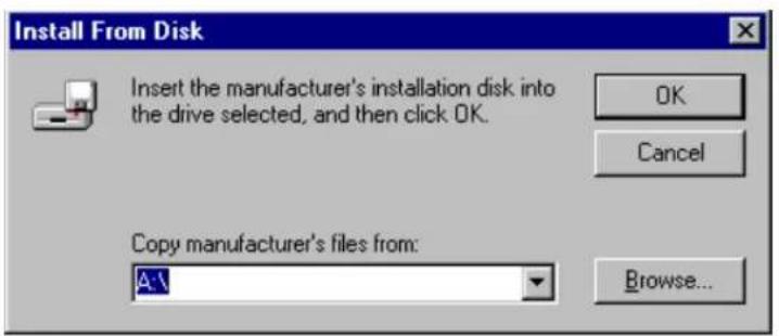 Install From Disk Insert the manufacturer's installation disk into the drive selected, and then click OK. OK Cancel Copy manufacturer's files from: A:\