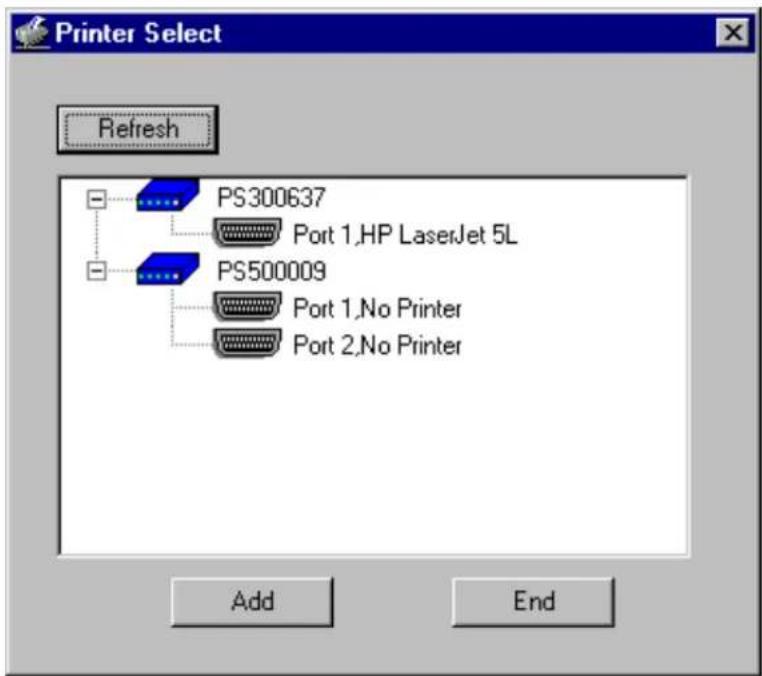 Printer Select Refresh PS300637 Port 1,HP LaserJet 5L PS500009 Port 1,No Printer Port 2,No Printer Add End