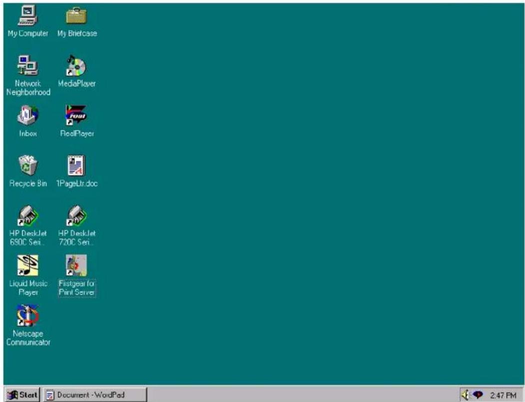 My Computer My Briefcase Network Neighborhood MediaPlayer Inbox RealPlayer Recycle Bin 1PageLtr.doc HP DeskJet 690C Semi... HP DeskJet 720C Semi... Liquid Music Player Firstgear for Print Server Netscape Communicator Start Document -WordPad 2:47 PM