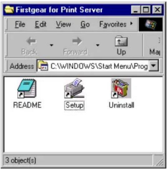 Firstgear for Print Server File Edit View Go Favorites Back Forward Up Address C:\WINDOWS\Start Menu\Prog README Setup Uninstall 3 object(s)