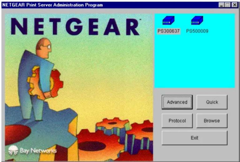 NETGEAR Print Server Administration Program NETGEAR PS300637 PS500009 Advanced Quick Protocol Browse Exit Bay Networks