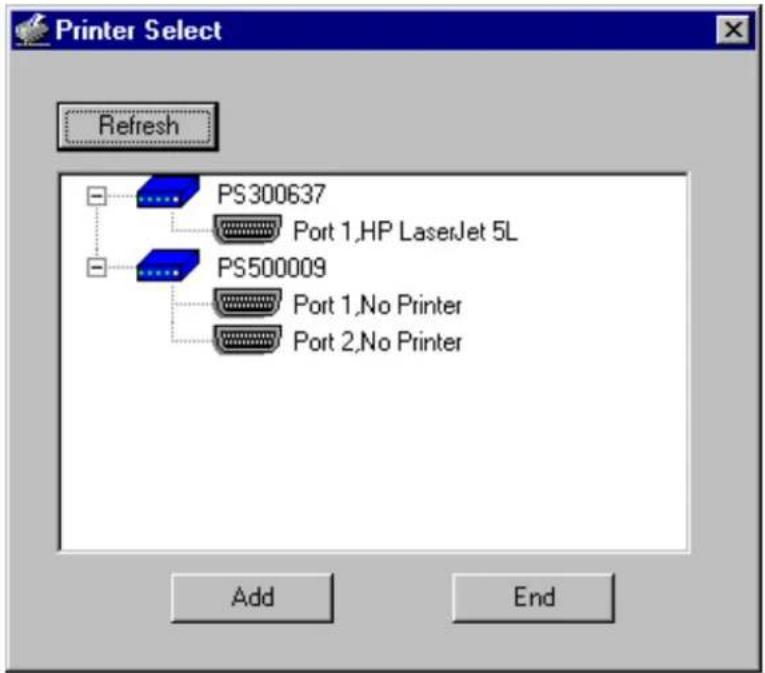 Printer Select Refresh PS300637 Port 1,HP LaserJet 5L PS500009 Port 1,No Printer Port 2,No Printer Add End