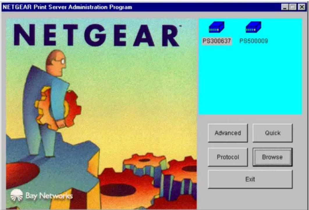 NETGEAR Print Server Administration Program PS300637 PS500009 Bay Networks Advanced Quick Protocol Browse Exit