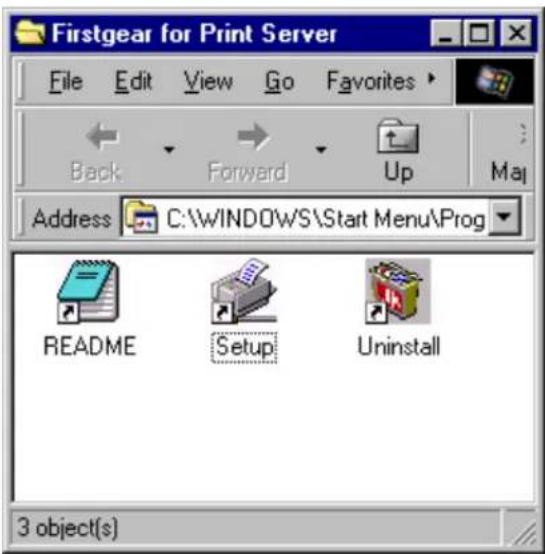 Firstgear for Print Server File Edit View Go Favorites Back Forward Up Address C:\WINDOWS\Start Menu\Prog README Setup Uninstall 3 object(s)
