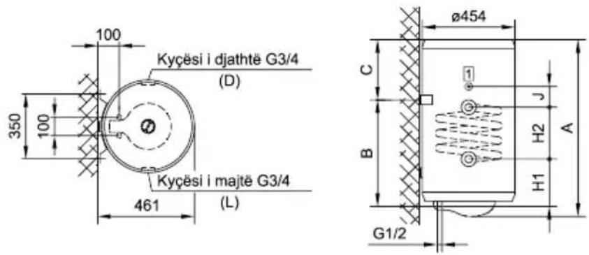 100 350 100 Kyçësi i djathtë G3/4 (D) Kyçësi i majtë G3/4 461 (L) Ø454 C B H2 A H1 G1/2