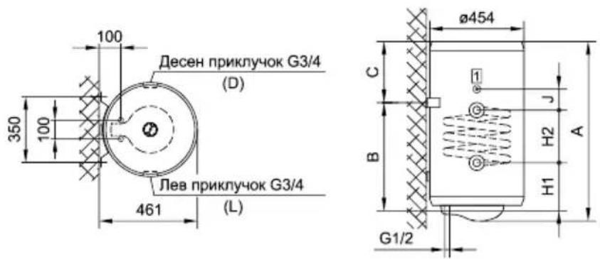 100 350 100 Десен приключок G3/4 (D) Лев приключок G3/4 461 (L) Ø454 C B J H2 A H1 G1/2