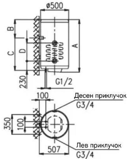 Ø500 B C D A 230 G1/2 100 Десен приключок G3/4 350 100 507 Лев приключок G3/4