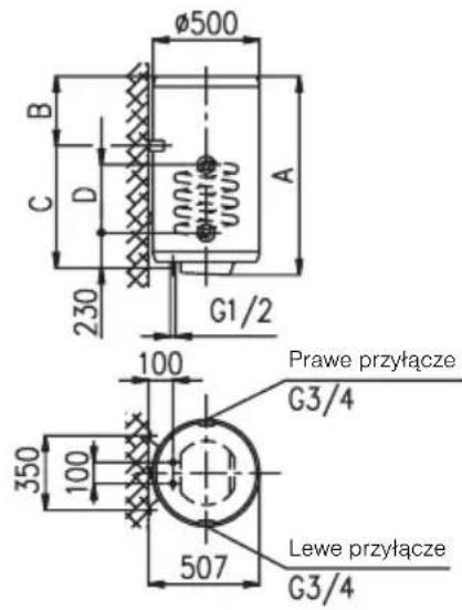 Ø500 B C D 230 G1/2 100 Prawe przyłącze G3/4 350 100 507 Lewe przyłącze G3/4