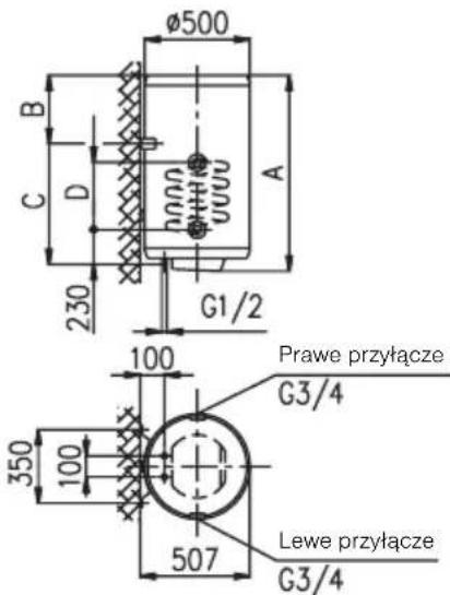 Ø500 B C D A 230 G1/2 100 Prawe przyłącze G3/4 350 100 507 Lewe przyłącze G3/4
