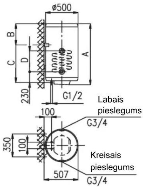 Ø500 B C D 230 G1/2 Labais pieslegums 100 G3/4 350 100 507 Kreisais pieslegums G3/4
