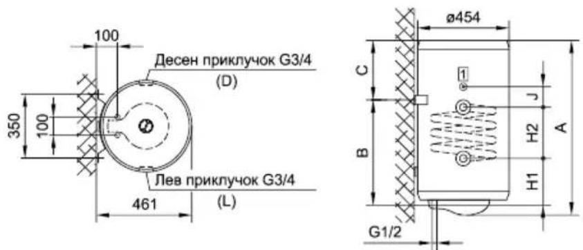 100 350 100 Десен приключок G3/4 (D) Лев приключок G3/4 461 (L) Ø454 C B H2 A G1/2 1 J H1