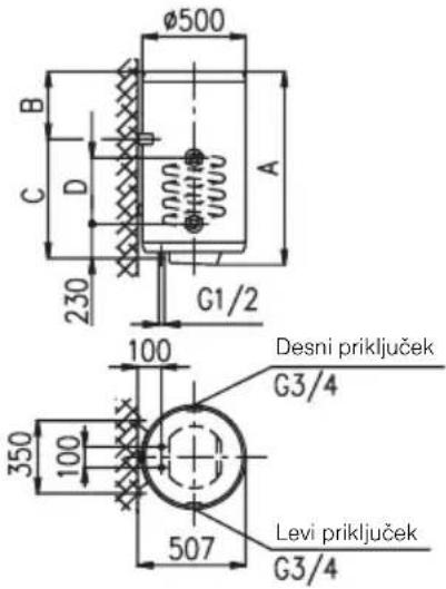 Ø500 B C D 230 A G1/2 100 Desni priključek G3/4 350 100 507 Levi priključek G3/4