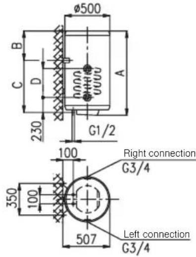 Ø500 B C D 230 G1/2 100 Right connection G3/4 350 100 507 Left connection G3/4