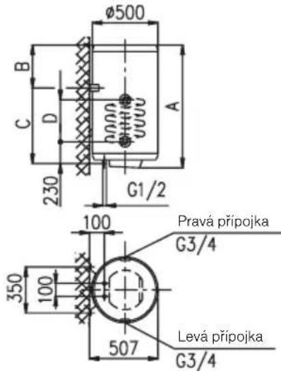 Ø500 B C D 230 G1/2 100 Pravá připojka G3/4 350 100 507 Levá připojka G3/4