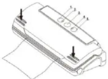 Technical diagram of a printer with labeled parts and paper binding, showing mechanical components and paper feed.