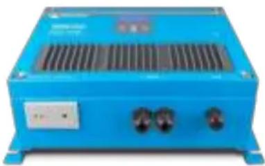 Blue industrial electrical equipment unit with ventilation grilles and three buttons (no visible text or symbols)