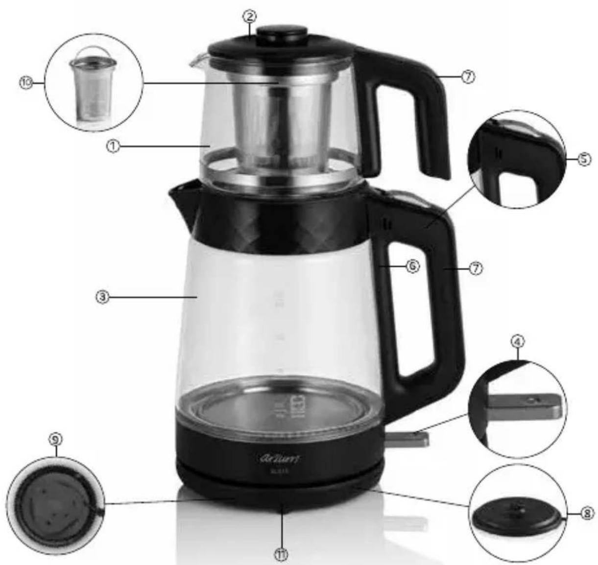 Labeled diagram of a coffee maker with numbered parts for identification and assembly reference.