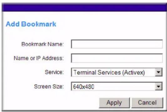 Add Bookmark Bookmark Name: Name or IP Address: Service: Terminal Services (Activex) Screen Size: 640x480 Apply Cancel