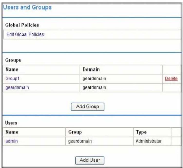 Users and Groups Global Policies Edit Global Policies Groups Name Domain Group1 geardomain Delete geardomain geardomain Add Group Users Name Group Type admin geardomain Administrator Add User
