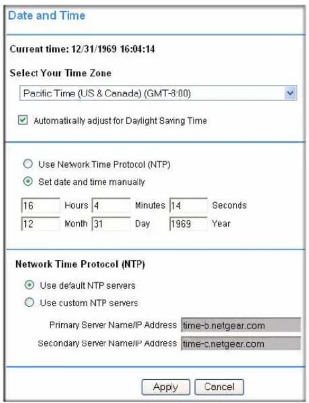 Date and Time Current time: 12/31/1969 16:04:14 Select Your Time Zone Pacific Time (US & Canada) (GMT-8:00) ✓ Automatically adjust for Daylight Saving Time Use Network Time Protocol (NTP) Set date and time manually 16 Hours 4 Minutes 14 Seconds 12 Month 31 Day 1969 Year Network Time Protocol (NTP) Use default NTP servers Use custom NTP servers Primary Server Name/IP Address :time-b.netgear.com Secondary Server Name/IP Address :time-c.netgear.com Apply Cancel