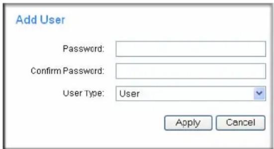 Add User Password: Confirm Password: User Type: User Apply Cancel