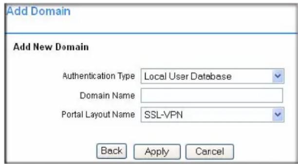 Add Domain Add New Domain Authentication Type Local User Database Domain Name Portal Layout Name SSL-VPN Back Apply Cancel
