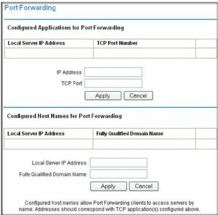 Port Forwarding Configured Applications for Port Forwarding Local Server IP Address TCP Port Number IP Address TCP Port Apply Cancel Configured Host Names for Port Forwarding Local Server IP Address Fully Qualified Domain Name Local Server IP Address Fully Qualified Domain Name Apply Cancel Configured host names allow Port Forwarding clients to access servers by name. Addresses should correspond with TCP application(s) configured above.