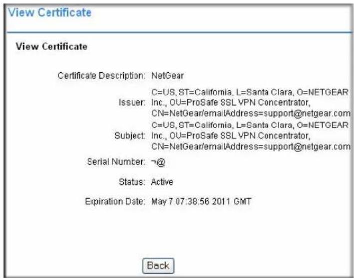 View Certificate View Certificate Certificate Description: NetGear C=US,ST=California,L=Santa Clara,O=NETGEAR Issuer: Inc.,OU=ProSafe SSL VPN Concentrator, CN=NetGear/emailAddress=support@netgear.com C=US,ST=California,L=Santa Clara,O=NETGEAR Subject: Inc.,OU=ProSafe SSL VPN Concentrator, CN=NetGear/emailAddress=support@netgear.com Serial Number: @@ Status: Active Expiration Date: May 7 07:38:56 2011 GMT Back