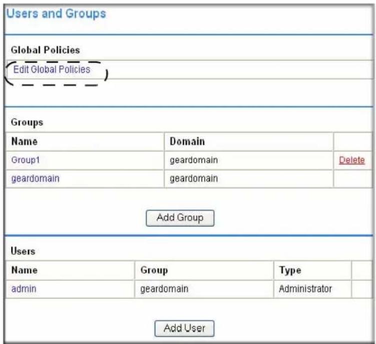 Users and Groups Global Policies Edit Global Policies Groups Name Domain Group1 geardomain Delete geardomain geardomain Add Group Users Name Group Type admin geardomain Administrator Add User