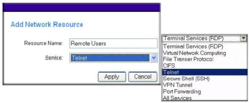 Add Network Resource Resource Name: Remote Users Service: Telnet Apply Cancel Terminal Services (RDP) Terminal Services (RDP) Virtual Network Computing File Transfer Protocol CIFS Telnet Secure Shell (SSH) VPN Tunnel Port Forwarding All Services