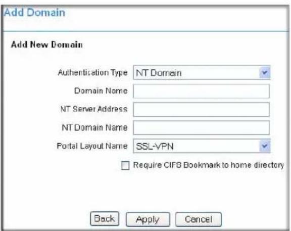 Add Domain Add New Domain Authentication Type NT Domain Domain Name NT Server Address NT Domain Name Portal Layout Name SSL-VPN Require CIFS Bookmark to home directory Back Apply Cancel