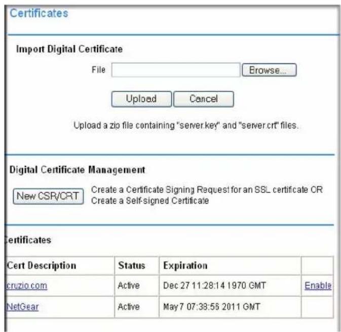 Certificates Import Digital Certificate File Erowse... Upload Cancel Upload a zip file containing "server.key" and "server.crt" files. Digital Certificate Management New CSR/CRT Create a Certificate Signing Request for an SSL certificate OR Create a Self-signed Certificate Certificates Cert Description Status Expiration cruzio.com Active Dec 27 11:28:14 1970 GMT Enable NetGear Active May 7 07:38:56 2011 GMT