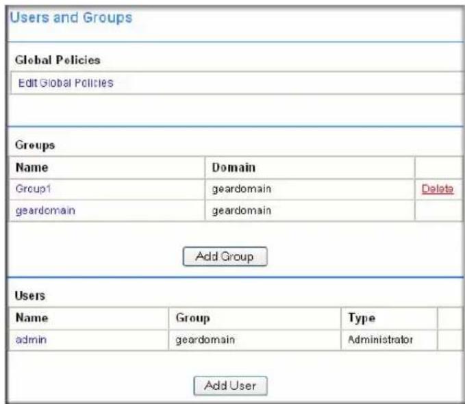 Users and Groups Global Policies Edit Global Policies Groups Name Domain Group1 geardomain Delete geardomain geardomain Add Group Users Name Group Waye admin geardomain Administrator Add User