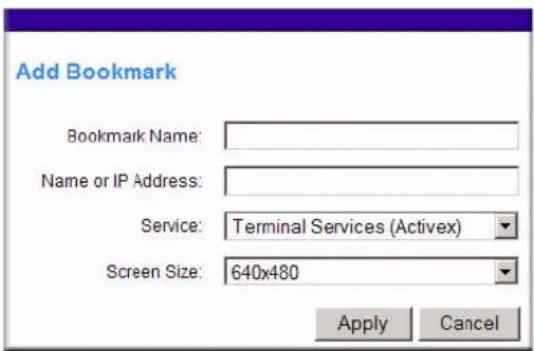 Add Bookmark Bookmark Name: Name or IP Address: Service: Terminal Services (Activex) Screen Size: 640x480 Apply Cancel