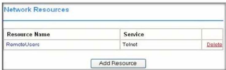 Network Resources Resource Name Service RemoteUsers Telnet Delete Add Resource